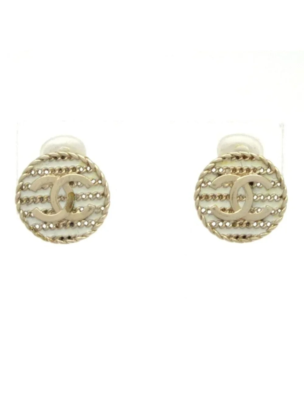 Chanel Earrings Gold White CC Logo